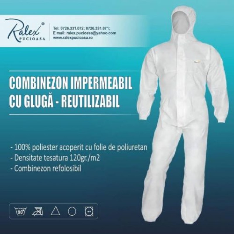 Combinezon impermeabil, cu glugă, reutilizabil (S, L, M, XL, XXL)